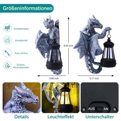 Yeomoo Drachenfigur mit Solarleuchte, Gartendeko wetterfest, grau