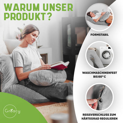 Greacy Seitenschläferkissen XXL – Schwangerschafts- & Stillkissen waschbar