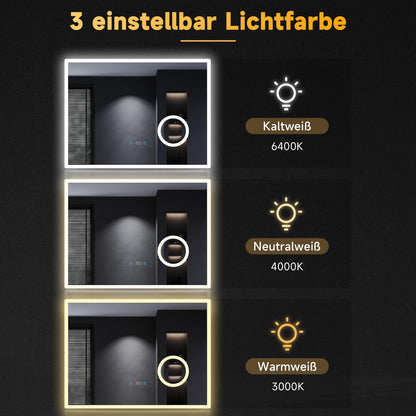 SONNI Badspiegel LED 80x60 cm - Anti-Beschlag & 3 Lichtfarben