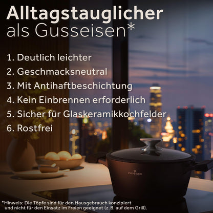 ZWIEGER 3-in-1 Schmortopf mit Deckel Backofengeeignet 28 cm - Groß Bräter induktion, brotbackform mit deckel - Vollflächiger Edelstahlboden, für alle Herdarten geeignet - Antihaft, PFOA-&PFOS-frei