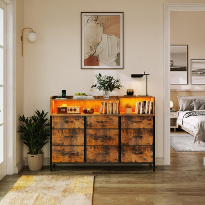 ODK Kommode mit Steckdosen, USB & LED – 9 Stoffschubladen