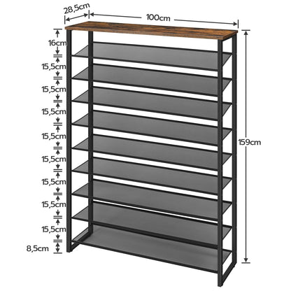 HOOBRO EBF171XJ01 Schuhregal – 10 Ebenen Vintagebraun-Schwarz