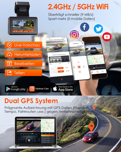 VANTRUE E2 Dual Dashcam 2.7K vorne und hinten, WLAN, GPS, Nachtsicht
