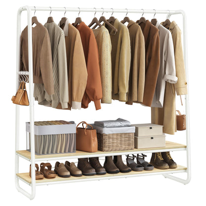 VASAGLE Kleiderständer mit 2 Ablagen und 6 Haken, naturbeige-mattweiss, Stahlgestell und Kleiderstange