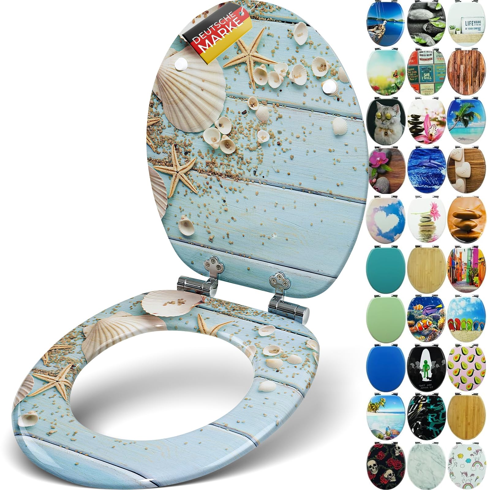 SANFINO WC-Sitz mit Absenkautomatik Caribbean Blue, Holzkern – ovale Form, blaues Motiv