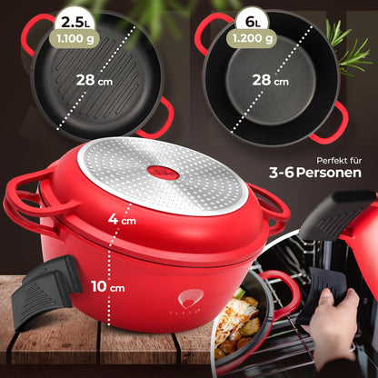 TLESS® 2in1 Aluguss Bräter mit Deckel – Ø 28 cm, 6L, Rot