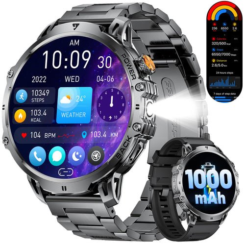 LIGE EF13-E Smartwatch Herren, 1000 mAh, 1,85-Zoll-HD-Display, IP68 in Schwarz mit Edelstahl- und Silikonarmband