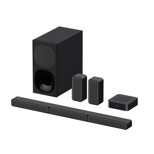 Sony HT-S40R 5.1 Soundbar System mit kabellosen Rear Speakern. Schwarzes System mit Subwoofer für 5.1 Surround-Audio bei Filmen.