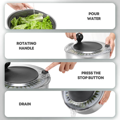 SveBake Salatschleuder Edelstahl 5L mit Stopptaste und Abflussloch