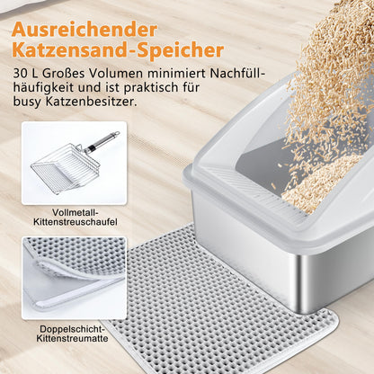 FURTIME Katzenklo Edelstahl XXL 30L mit Streuschaufel, silbergrau