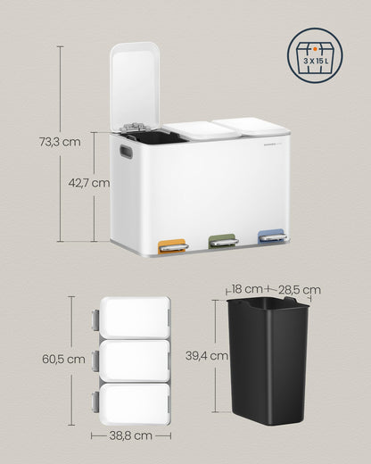 SONGMICS HOME Mülleimer Mülltrennsystem 3x15L LTB740W02V1 Wolkenweiss