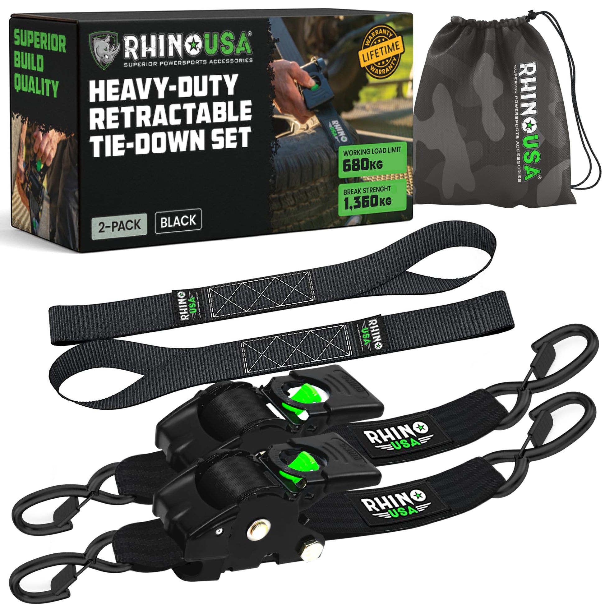 Rhino USA Selbstaufrollende Spanngurte 2er-Pack, 5 cm x 3 m, Schwarz – Ratschengurt mit beschichteten S-Haken