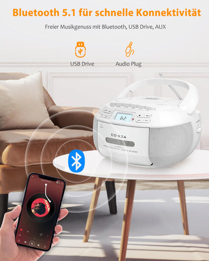 Greadio Boombox CD/Kassettenspieler Bluetooth FM Radio – Weiss