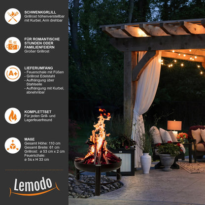 Lemodo Holzkohlegrill - Schwenkgrill mit Kurbel & Feuerschale