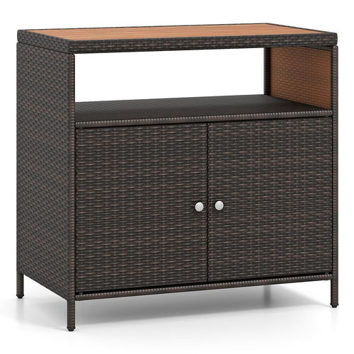 COSTWAY Gartenschrank Rattan mit Akazienholz-Arbeitsplatte, Braun – zweitüriges Geflecht mit offenem Fach