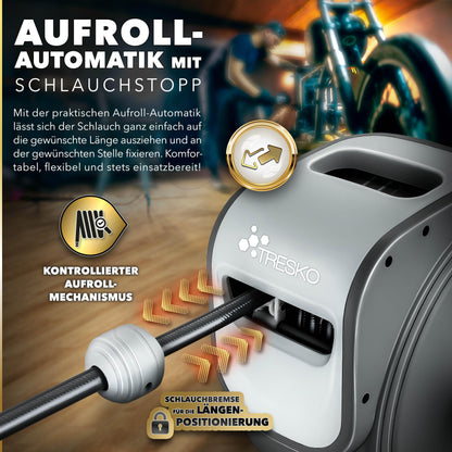 TRESKO Druckluftschlauch Aufroller automatisch 20m 1/4" Grau