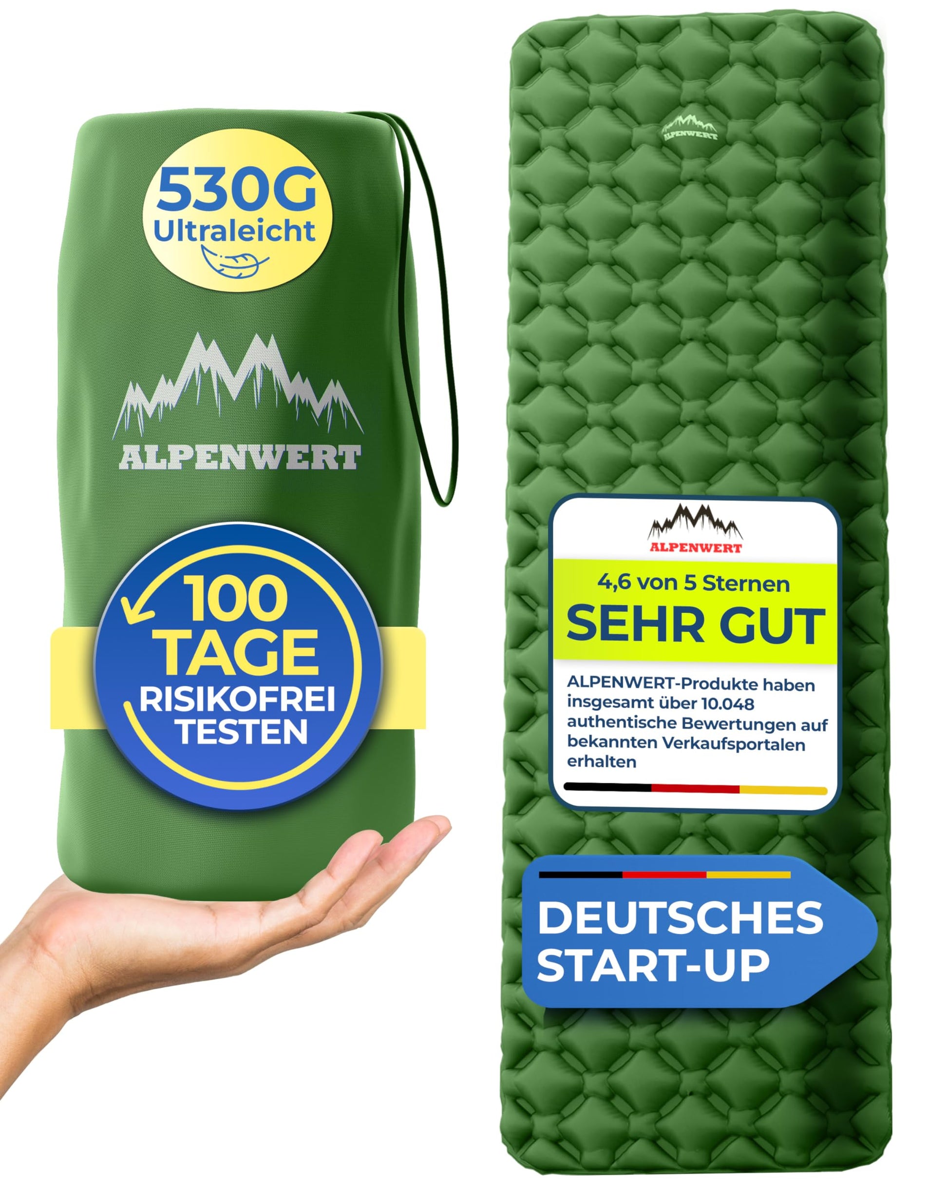Alpenwert Isomatte Outdoor Luftmatratze aufblasbar Grün mit ergonomisch geschwungener Liegefläche