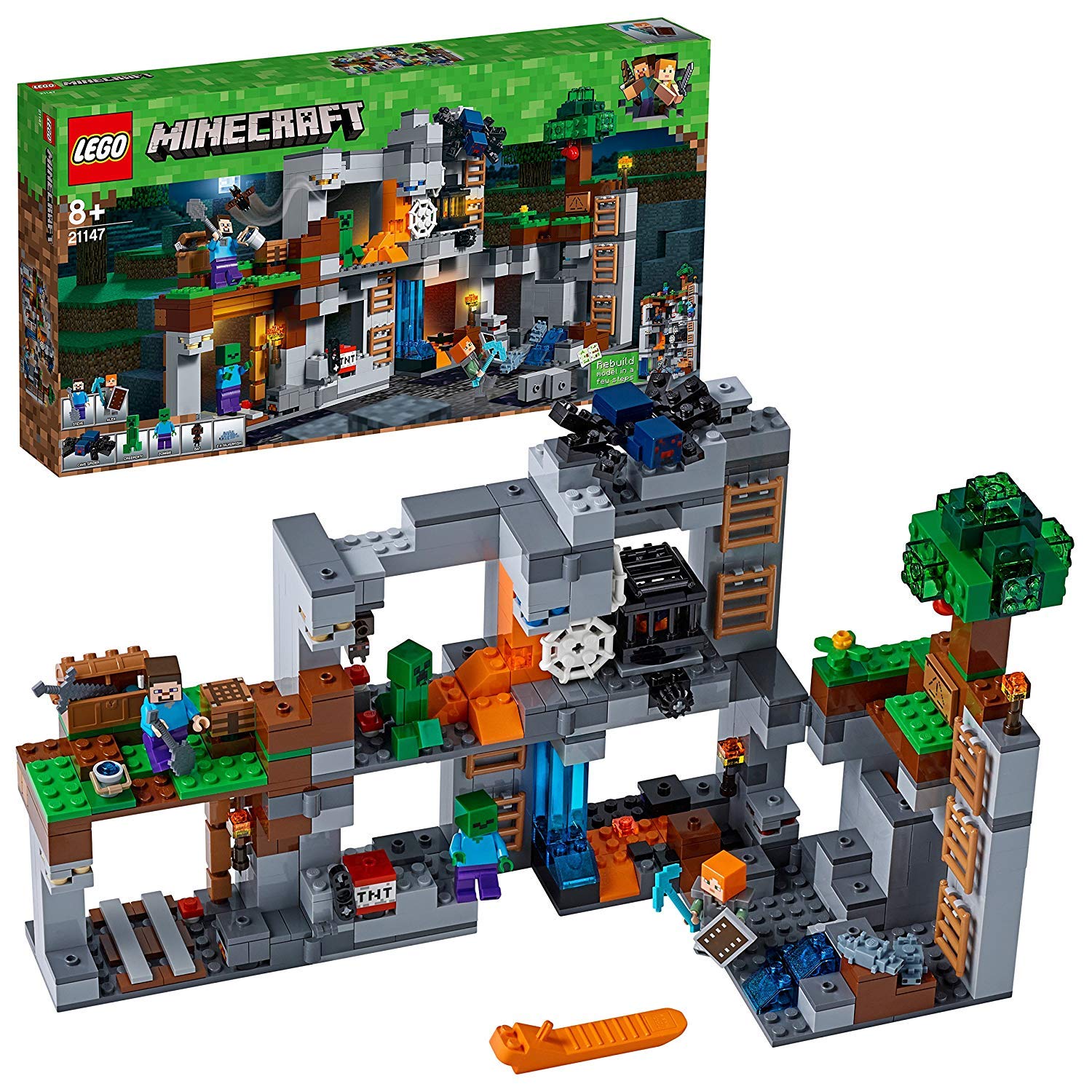 LEGO Minecraft Abenteuer in den Felsen Spielset – 21147: Blockige Felslandschaft aus bunten Bausteinen mit Minecraft-Figuren zum Nachspielen von Bergbau-Szenen.