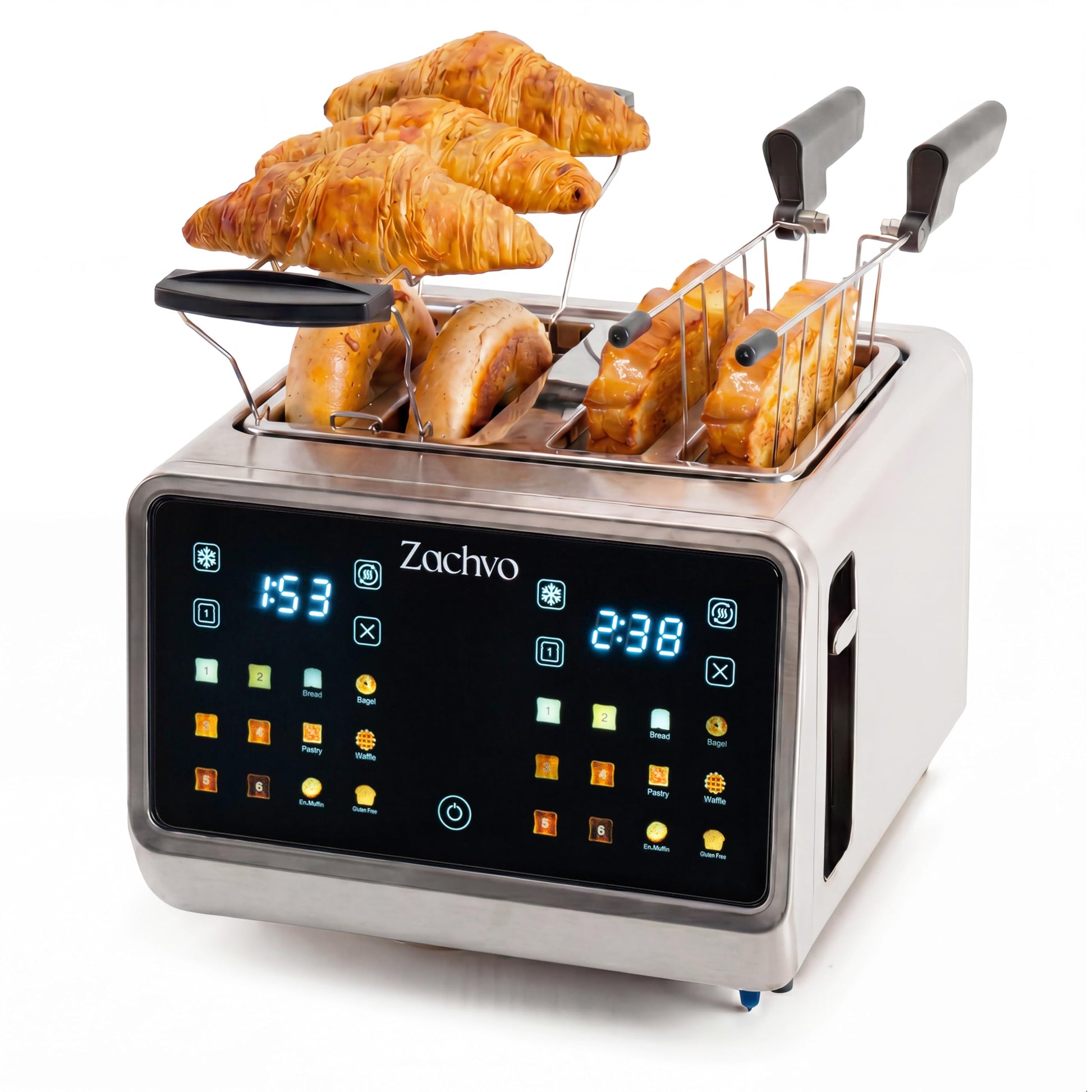 ZACHVO Toaster 4 Scheiben Edelstahl mit Touchscreen & 2 Toastzonen, Brötchenaufsatz und Sandwichhalter