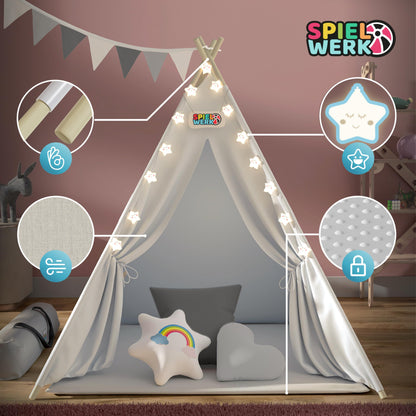 Spielwerk® Tipi Kinderzelt – Set 130x130cm Weiss Grau