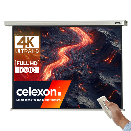 celexon Prof. Motor-Beamer-Leinwand 85" elektrisch 4:3. Weiße elektrische Projektionsleinwand mit schwarzem Kasten zur motorisierten Projektion.