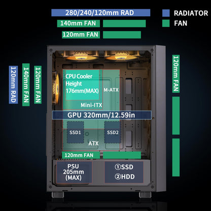 MUSETEX G07 Gaming PC Gehäuse ATX - Schwarz, 6 ARGB Lüfter