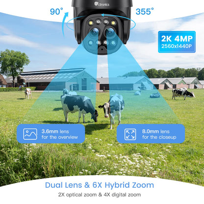 Ctronics 2.5K 4MP 6X Hybrid-Zoom Dual-Objektiv WLAN Kamera Aussen