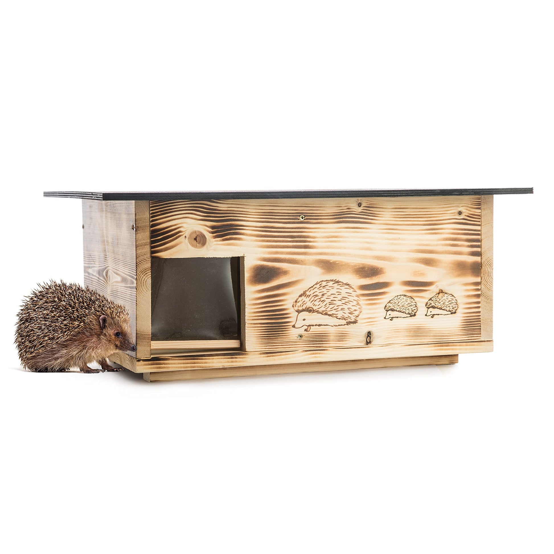 Woid Herz Igelhaus XXXL IG2 – Labyrinth & Rattenklappe gebrannt. Großes, gebranntes Holzhaus. Bietet Igeln Schutz, Schlaf- & Winterplatz via Labyrinth/Klappe.