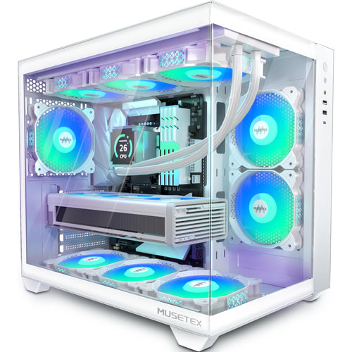 MUSETEX Y6 Gaming ATX Mid Tower PC Gehäuse - Reinweiss. Reinweisses Mid Tower für ATX-Systeme zur Aufnahme von Komponenten.