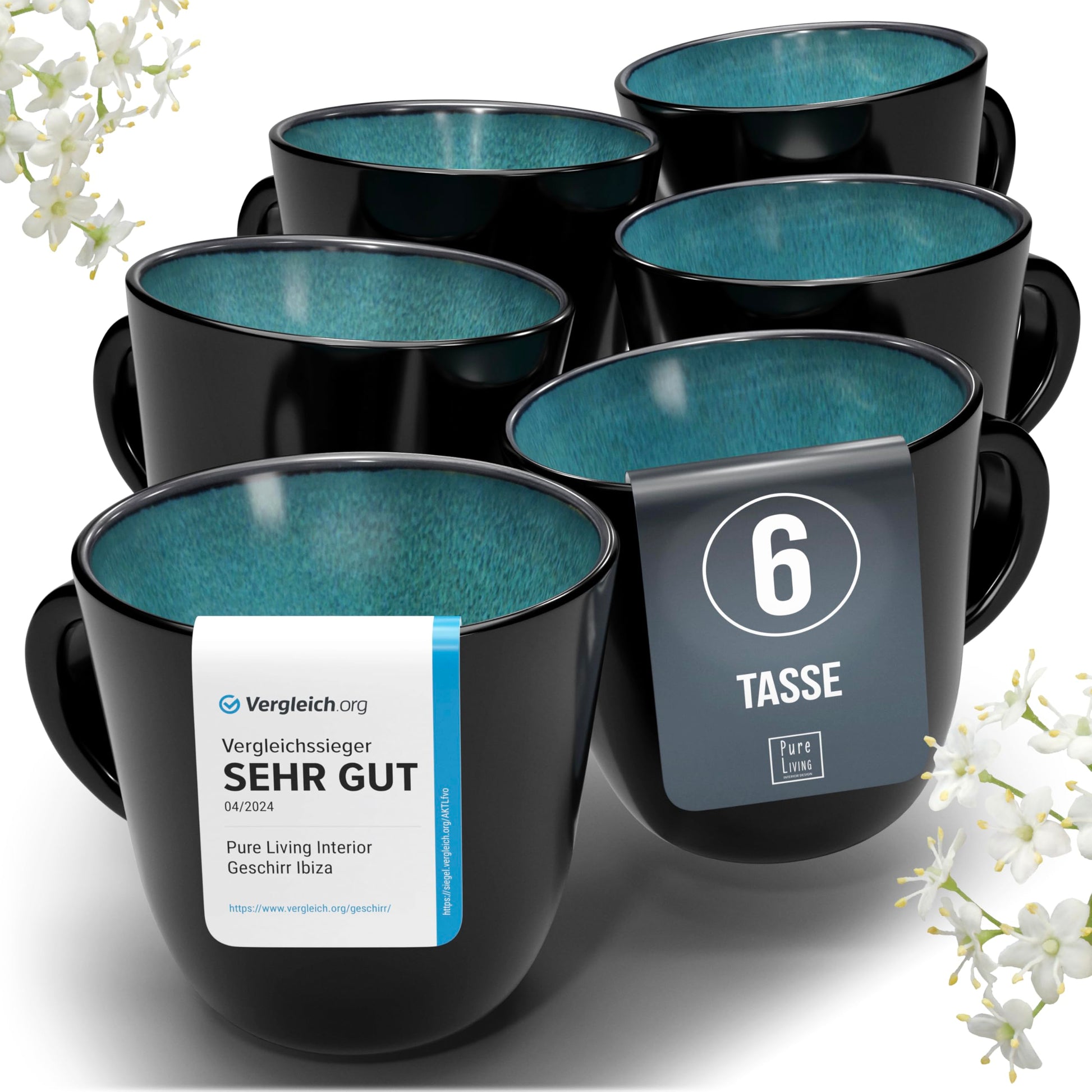Pure Living Ibiza Kaffeetassen Set 6-teilig, Steingut in Petrol