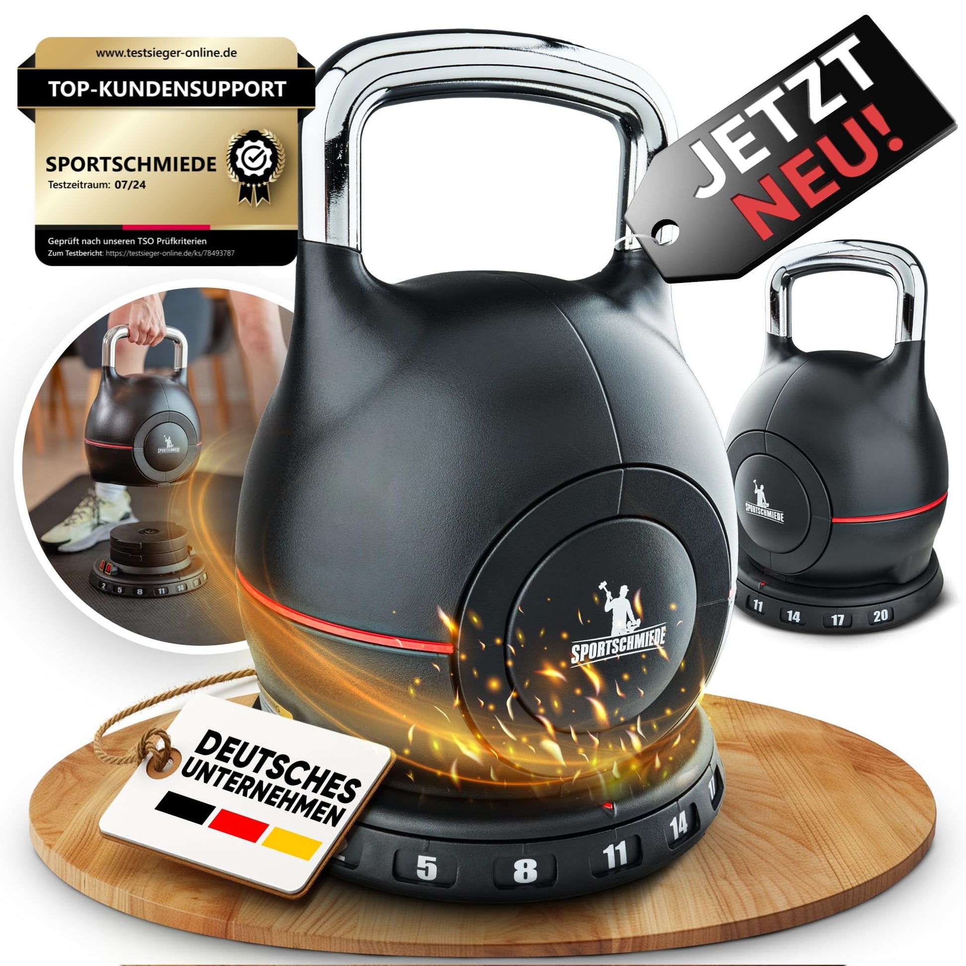 SPORTSCHMIEDE Verstellbare Kettlebell Hantelset Home Gym. Schwarze, anpassbare Kugel mit Griff. Ideal für effektives Gewichtstraining zu Hause.