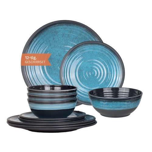 Moritz Camping Geschirrset aus Melamin, 12-teilig, Stone Blue mit blauen Tellern und Schalen