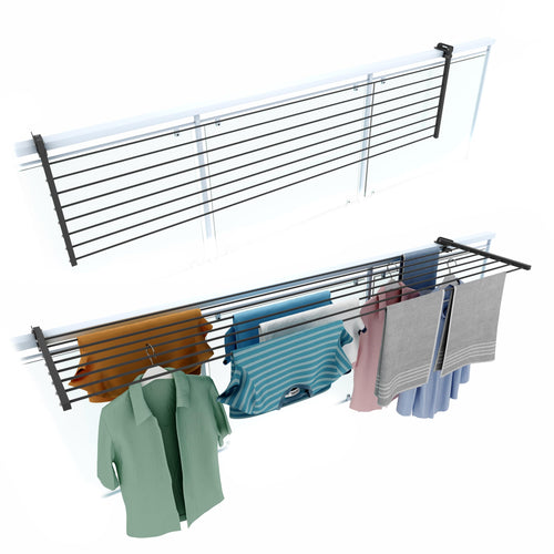 Foxydry Duo Wäscheständer für Balkongeländer, klappbar, 202 cm, aus Edelstahl und Aluminium, Anthrazit