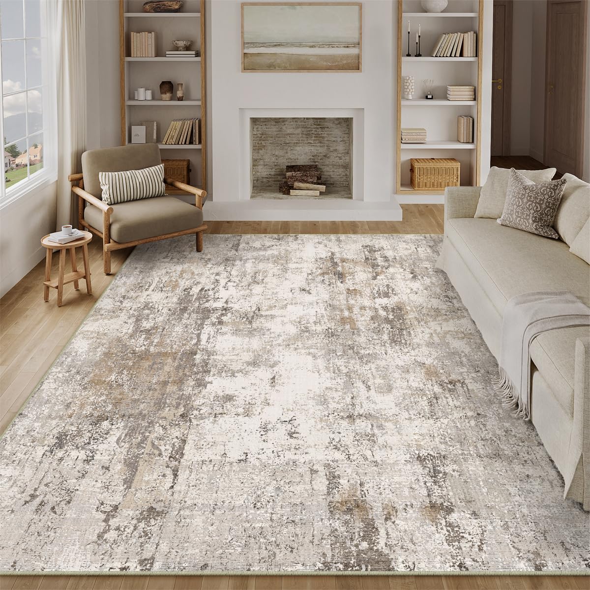 HUGEAR Teppich 200 x 300 cm Waschbar Kurzflor Braun Grau, abstraktes Muster, rutschfeste Unterseite