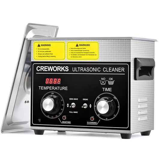 CREWORKS Ultraschallreinigungsgerät 3,2L Edelstahl mit Heizung. Rechteckiger Behälter für Ultraschallreinigung von z.B. Schmuck.
