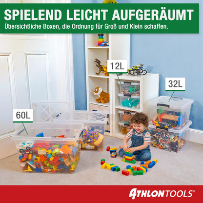 ATHLON TOOLS Aufbewahrungsboxen 40 L mit Deckel, transparent, 4er-Set