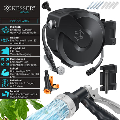 KESSER Schlauchtrommel mit 25 m Gartenschlauch, Wandmontage, 180°
