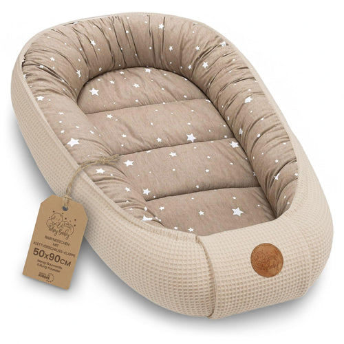 Totsy Baby Babynest Kokon 50x90 cm Baumwolle beige mit weissen Sternen, Waffelstruktur, Kuschelnest fürs Babybett