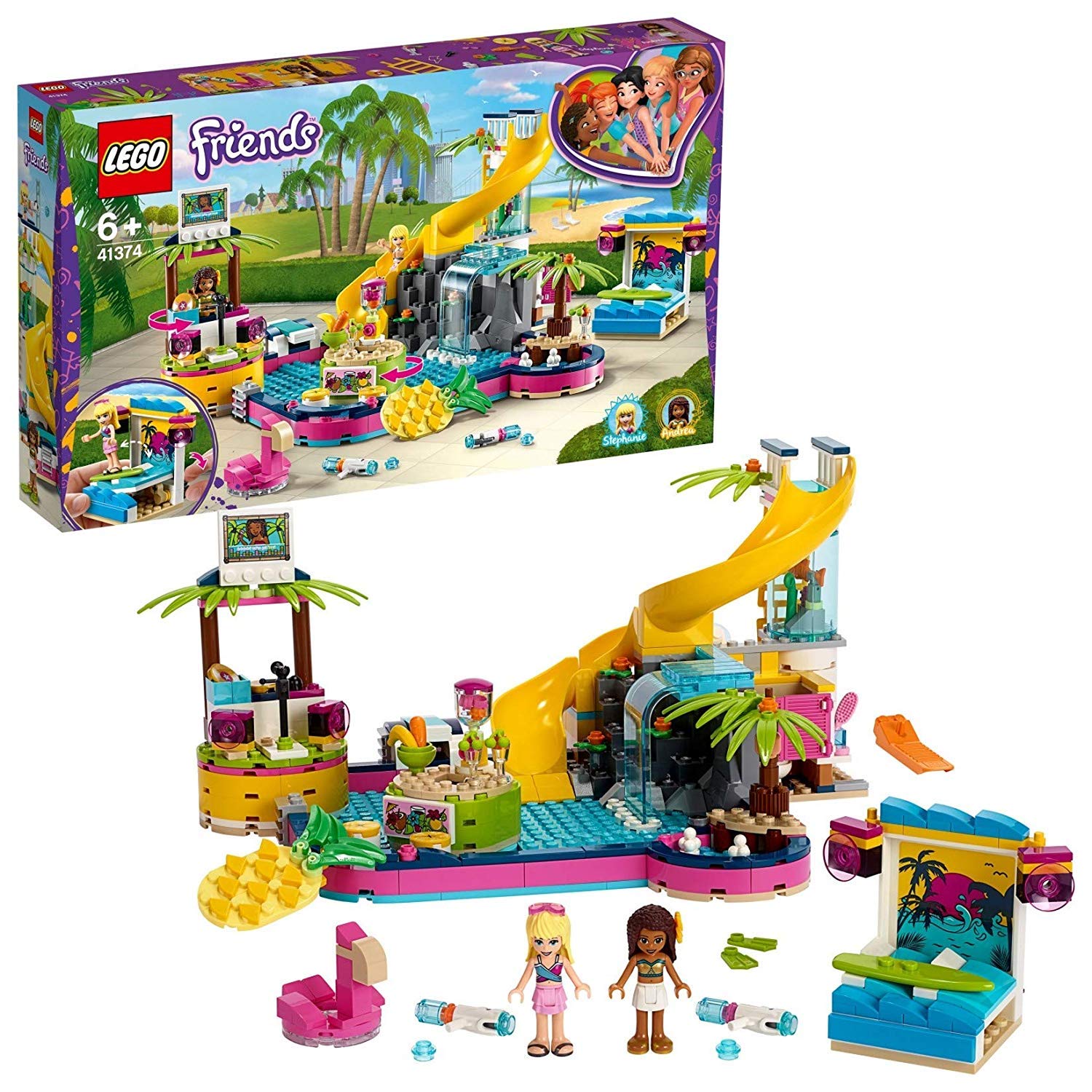 LEGO Friends Andreas Pool-Party Bauset. Rechteckige Poolanlage mit Rutsche, Liegestuhl und Bar in bunten Farben. Dient dem Bau eines Spielsets zum Nachspielen von Pool-Partys mit Spielfiguren.
