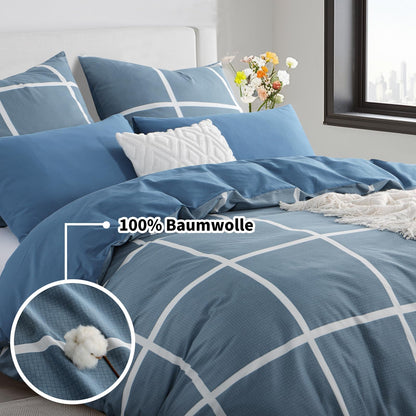 RUIKASI Bettwäsche 135x200 Baumwolle 4teilig Denimblau mit Karo