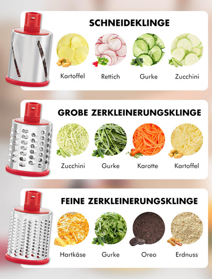 GDL Käsereibe mit Kurbel, Trommelreibe mit 5 Trommelblättern, rot