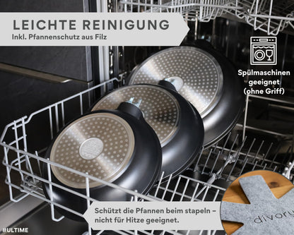 DIVORY Pfannenset Induktion Antihaft 3-teilig m. abnehmbarem Griff