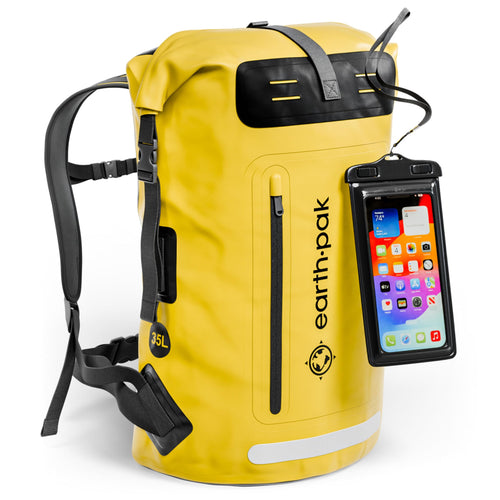 Earth Pak Summit wasserdichter Rucksack 35L Gelb mit Handyhülle, Rollverschluss aus 500D-PVC-Plane