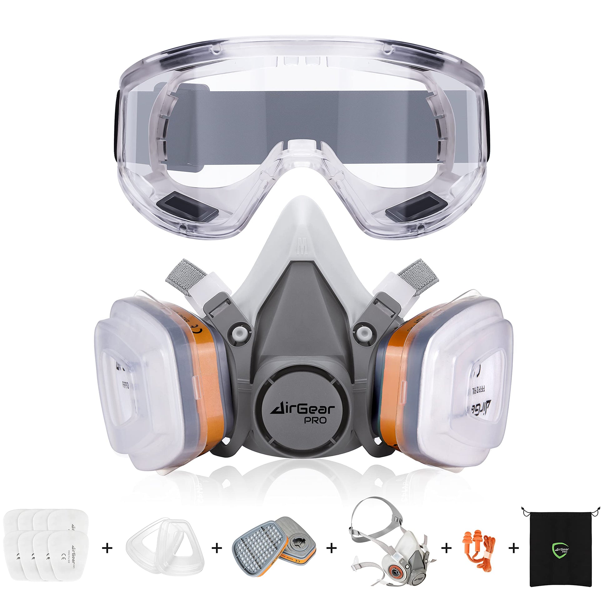 AirGearPro G-500 Atemschutzmaske mit A1P2 Filter und Schutzbrille, Halbmaske mit Doppelfiltersystem