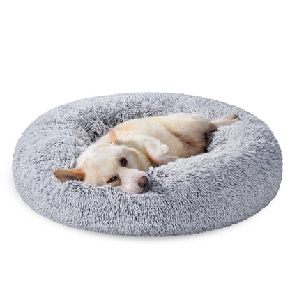 Feandrea Hundebett Donut, waschbares Katzenbett, Plüsch, 80 cm, grau – rundes Kuschelbett mit langem Flor