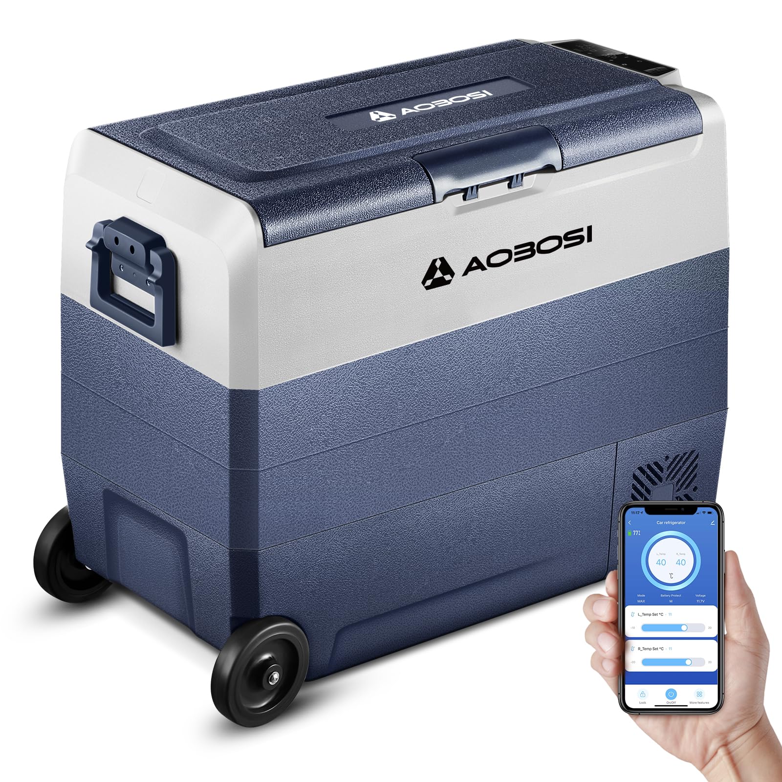 AAOBOSI Kompressor Kühlbox 60 L Dual Zone mit App-Steuerung, Rollen und Teleskopgriff