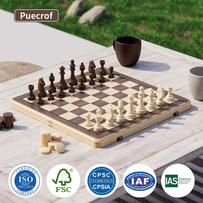 Puecrof Schach- und Dame-Set aus Holz, klappbar, 38 cm, schwarz
