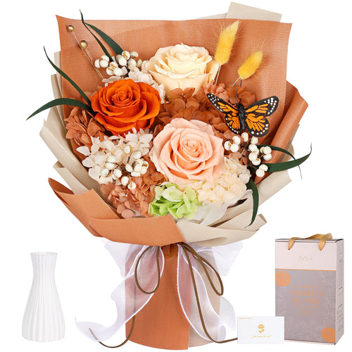 MAMAMIKO Infinity Rosenstrauss, konservierte Rosen mit Schmetterling, in Geschenkbox mit Vase