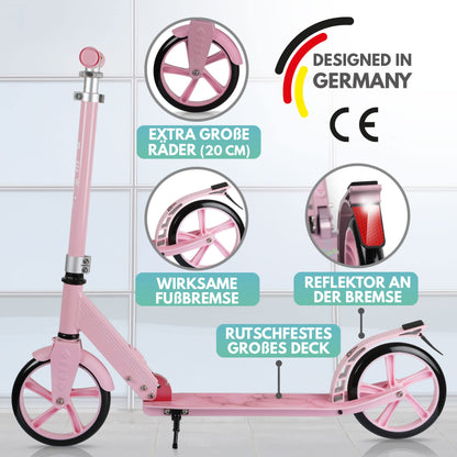 Rollkönig City-Scooter Faltbarer Tretroller für Erwachsene/Kinder - Pink