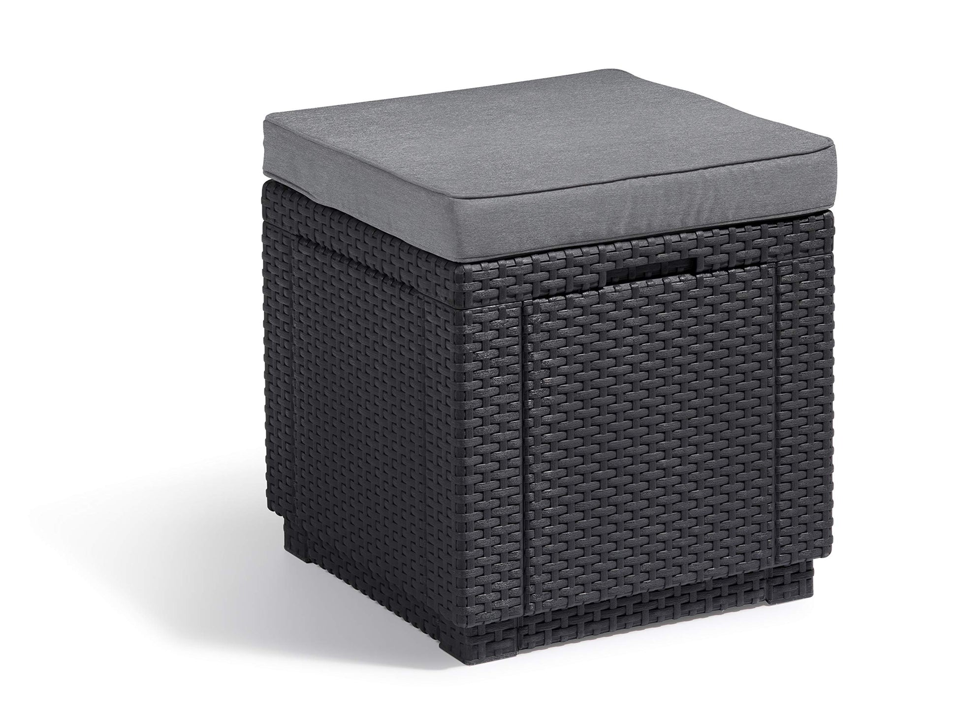 Allibert by Keter Cube Hocker mit Stauraum inkl. Kissen, grau, aus Kunststoff in flacher Rattanoptik